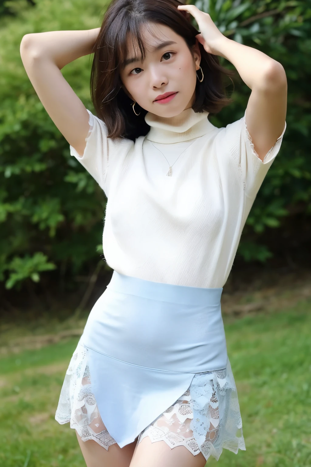 ((best quality)), ((masterpiece)), (detailed), perfect faceFemale, 40 years old, short black wavy hair、bangss、Puffy nipple、(White Turtleneck Knit)、(Blue long skirt), Black stockings、Medium milk, cute smile face、((Poses that emphasize the buttocks、turned around))、sexy hiplack High Heelig necklace、((((the wind blew my skirt, expose my panties...))))、(Light blue lace panties)、Cute earrings、(Tilt your head slightly)