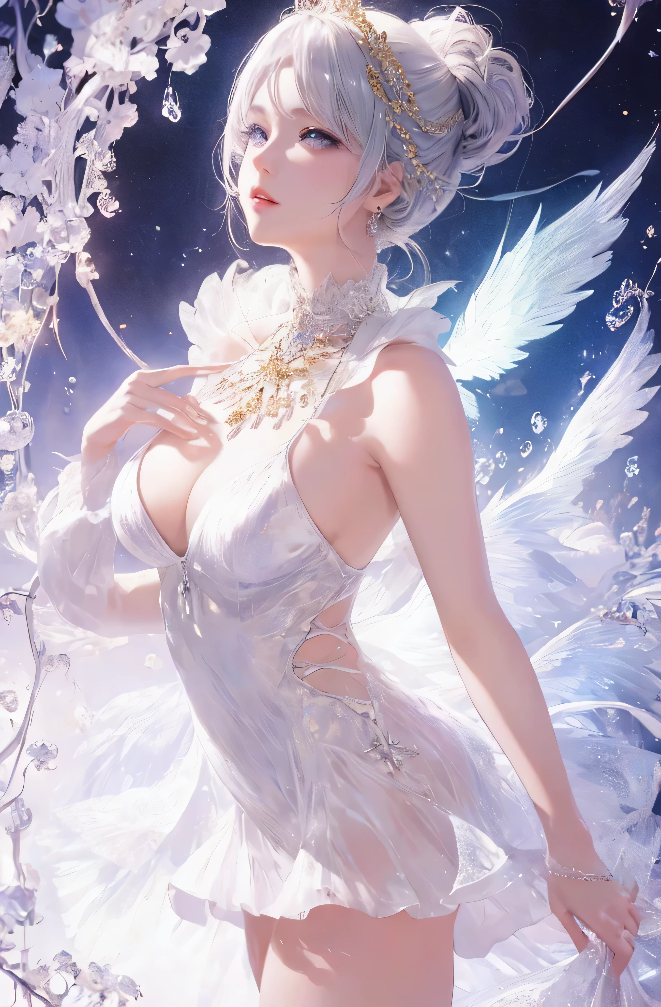 Castle in the distance、The face is front、Looking at the camera、profile、8K、realphoto、超A high resolution, Master Parts, Best Quality, nffsw , cinematic images,Lovely girl、ann、16 only、annグロサクソン、二重まぶた、drooing eyes、Very big eyes、Eyes purple、Dark eye shadow、The lips are very thin、The tip of the nose stretches beautifully.....................、small nostrils,,,,, ighly detailed , Silver hair、Straight short hair、ssmile、 Sweet look 、a very beautiful woman、legs are long、 very big boobs(:1.8)、Very clear shadows , jewely , A detailed eye, very intricate, shiny skins , パーフェクトブリリannト, Perfect Lighting, Dramatic shadows、White tiara on head、Gold necklace around the neck、White aristocratic dress with gold embroidery、Glass High Heels、Angel White Wings