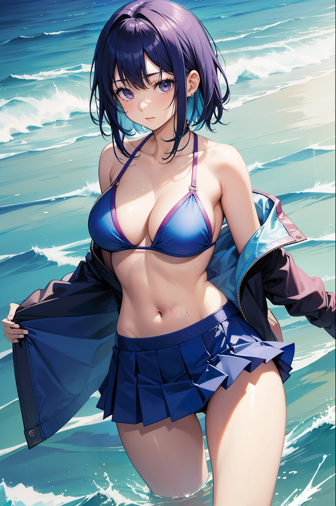 Akane Kurokawa,barechested,Blue hair,barechested,Hot,sexy for,The beautiful,perfect bodies,1 girl,The large,tmasterpiece,Perfect face shape,Face with rich expressions,barechested,sexy for stimmung,sea beach,Bikini top,Not held back,a skirt,only Bikini top