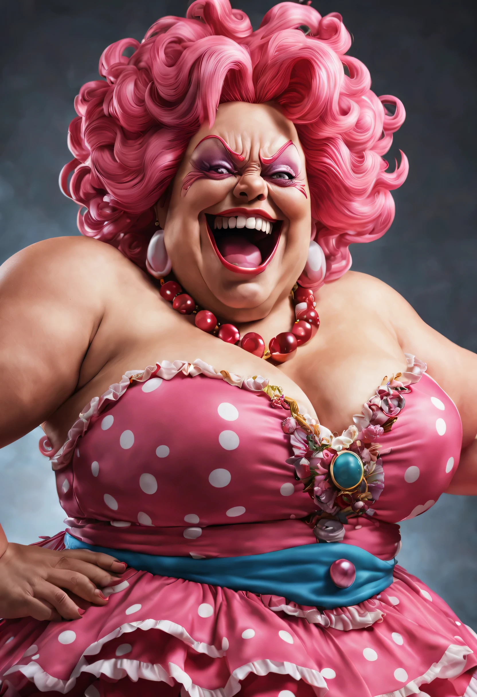 ((photoreal, 4K)), ((Ultradetailed)), ((full body Portrait)). Big Mom is an extremely ((fat)) woman. She has an almost ((spherical)) body shape, with a massive frame, adorned with wild, curly ((pink)) hair that cascades down her back in a ((voluminous manner)). Her facial features include (((wide, maniac eyes)) that often shift between expressions of childlike glee and intense anger, revealing her unpredictable nature. Her mouth boasts a ((wide grin)) filled with sharp teeth, emphasizing her intimidating presence. As for her attire, Big Mom typically wears a ((pink)) colorful and extravagant dress that accentuates her grandiose and extravagant persona. Her dress is adorned with various frills and red polka dots, and bright colors.