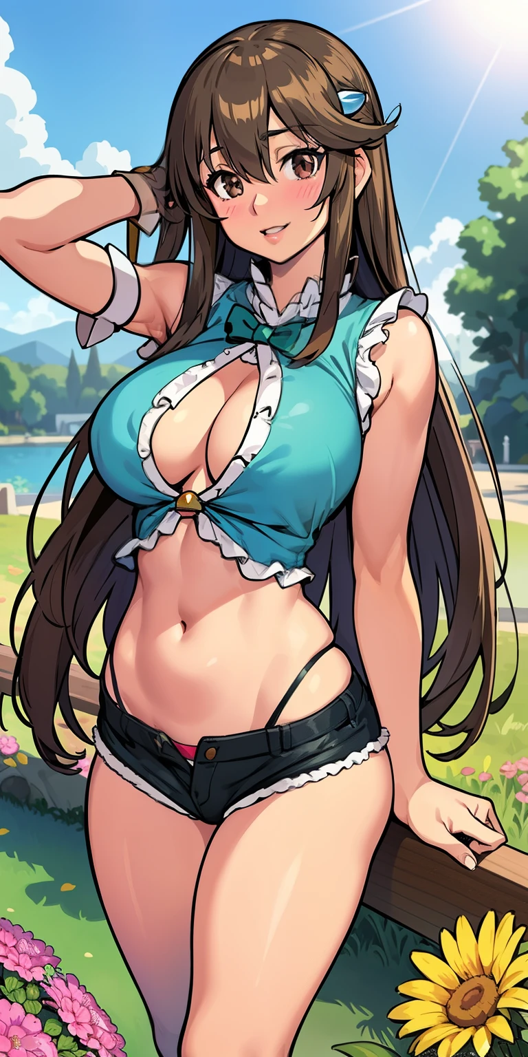 masterpiece, best quality, realistic, adult girl, smile, Aqua Konosuba, long brown hair, brown eyes, bright eyes, short shirt, perfect belly, ripped short shorts, tight tights, perfect legs, parted lips, blush, night, flowers, sun, sunlight.