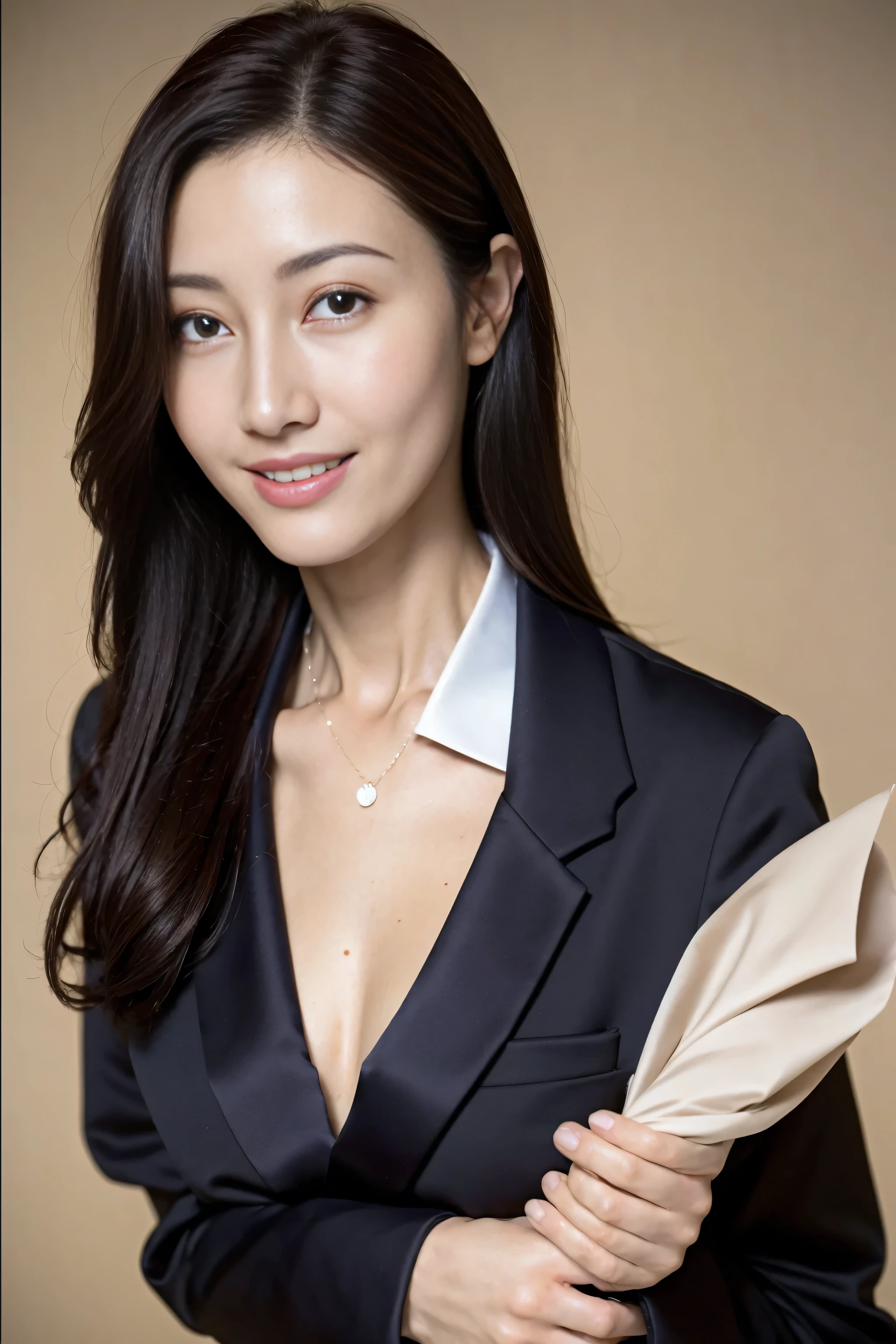 On a table, Best quality at best, realistically, ultra - detailed, detailed, A high resolution, 8k wallpaper, 1 Beautiful woman,, light brown messy hair, dressed in a suit, lock focus, Perfect dynamic composition, beautidful eyes, Delicate hair, 细致realistically的皮肤纹理, Smiling, closeup portrait, Model body type