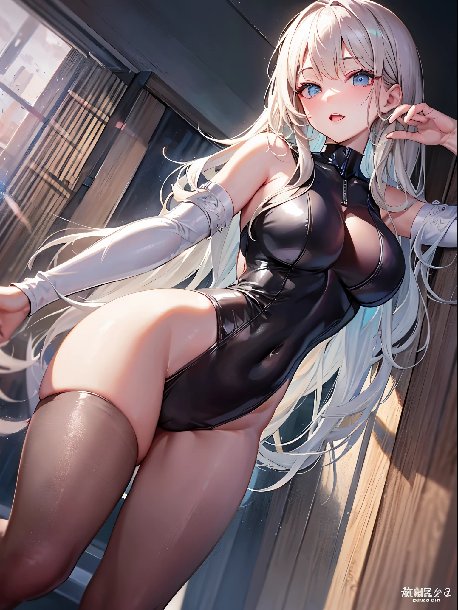 top-quality、realistic touch,high-detail、photoRealstic、thin-waist、captive beauty、big eye、solid platinum-blonde eyelashes、platinum-blonde、full body Esbian、Sparkling eyes, cheeks flushed、thin-waist、In a white room、She is in estrus、Sleeveless、Sexy Bodysuit、Colossal tits、big butts、Angle from below、sexy pose、Clothes that are thin and see-through、