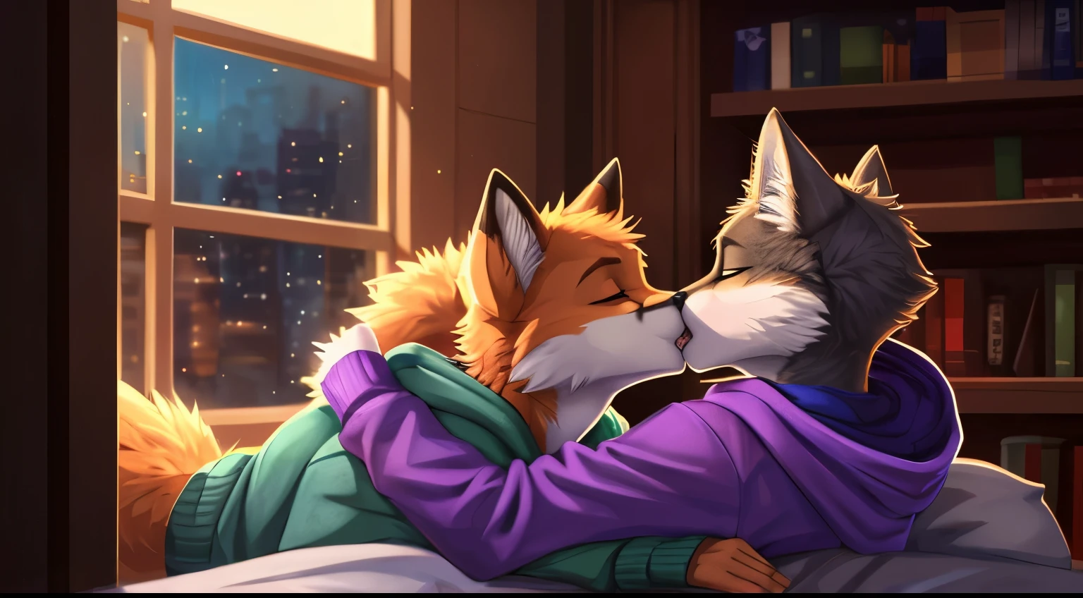 (vertical view:1.5), assisted exposure, explict content, uploaded on e621, (extremely detailed:1.3), 2boys, 2species duo, (duo focus:1.2), (kissing:1.3), (furry body), (male:1.5), (a lot of fur), (emotional:1.4), (leaning against object:1.4) furry, fox with yellow fur, cat with gray fur, hand holding couple, cat kissing fox, femboy, (causal exposure:1.6), (fur:1.7), 2boys, cat, inside a room, sparkles, teeth, open mouth, hug tightly, Masterpiece, best quality, passionate kiss, fox kissing with a cat, detailed lighting, detailed body, detailed fur, detailed, high stockings, fox with green sweatshirt, cat with purple sweatshirt, by Zackary911,