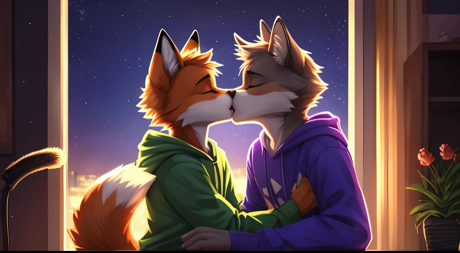 (vertical view:1.5), assisted exposure, explict content, uploaded on e621, (extremely detailed:1.3), 2boys, 2species duo, (duo focus:1.2), (kissing:1.3), (furry body), (male:1.5), (a lot of fur), (emotional:1.4), (leaning against object:1.4) furry, fox with yellow fur, cat with gray fur, hand holding couple, cat kissing fox, femboy, (causal exposure:1.6), (fur:1.7), 2boys, cat, inside a room, sparkles, teeth, open mouth, hug tightly, Masterpiece, best quality, passionate kiss, fox kissing with a cat, detailed lighting, detailed body, detailed fur, detailed, high stockings, fox with green sweatshirt, cat with purple sweatshirt, by Zackary911,