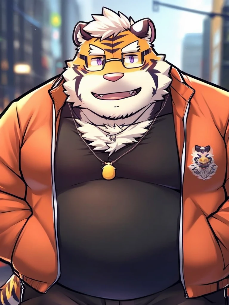 kosutora, A male anthro tiger with orange fur and purple eyes. He has a broad face, a long tail, and a pair of fangs on his mouth. He has a bulky chubby build, a hairy fur, and a serious expression. He is wearing a red jacket and black pants, and has a necklace with a wolf pendant. He is a loyal and brave wolf who likes to protect and lead.