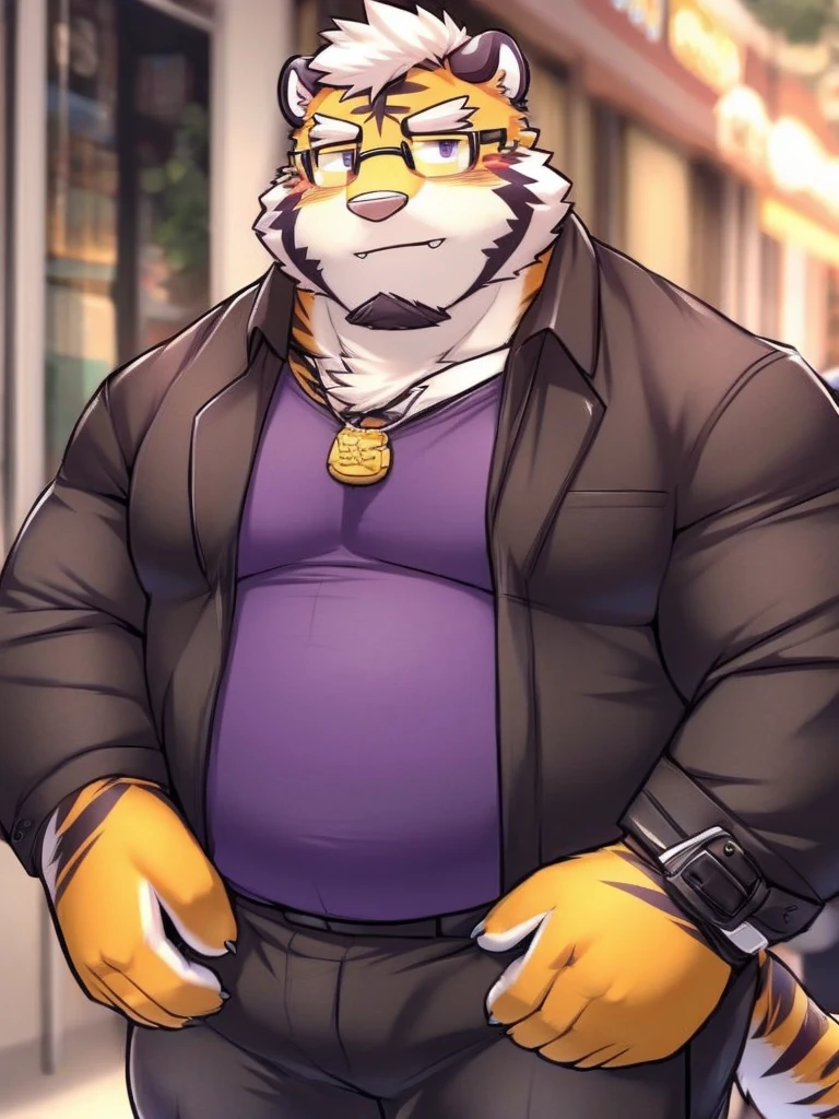 kosutora, A male anthro tiger with orange fur and purple eyes. He has a broad face, a long tail, and a pair of fangs on his mouth. He has a bulky chubby build, a hairy fur, and a serious expression. He is wearing a red jacket and black pants, and has a necklace with a wolf pendant. He is a loyal and brave wolf who likes to protect and lead.