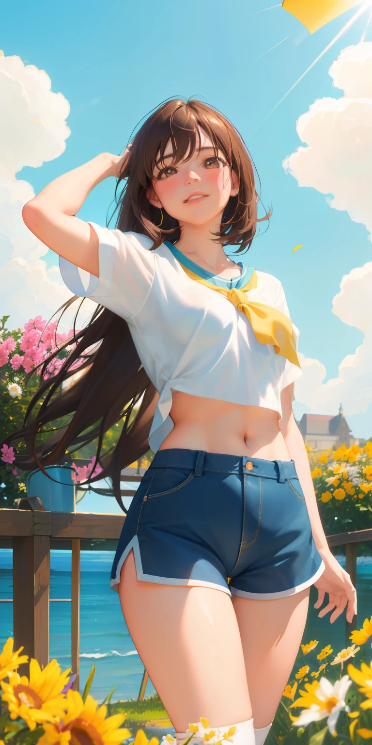 masterpiece, best quality, realistic, adult girl, smile, Aqua Konosuba, long brown hair, brown eyes, bright eyes, short shirt, perfect belly, ripped short shorts, tight tights, perfect legs, parted lips, blush, night, flowers, sun, sunlight.