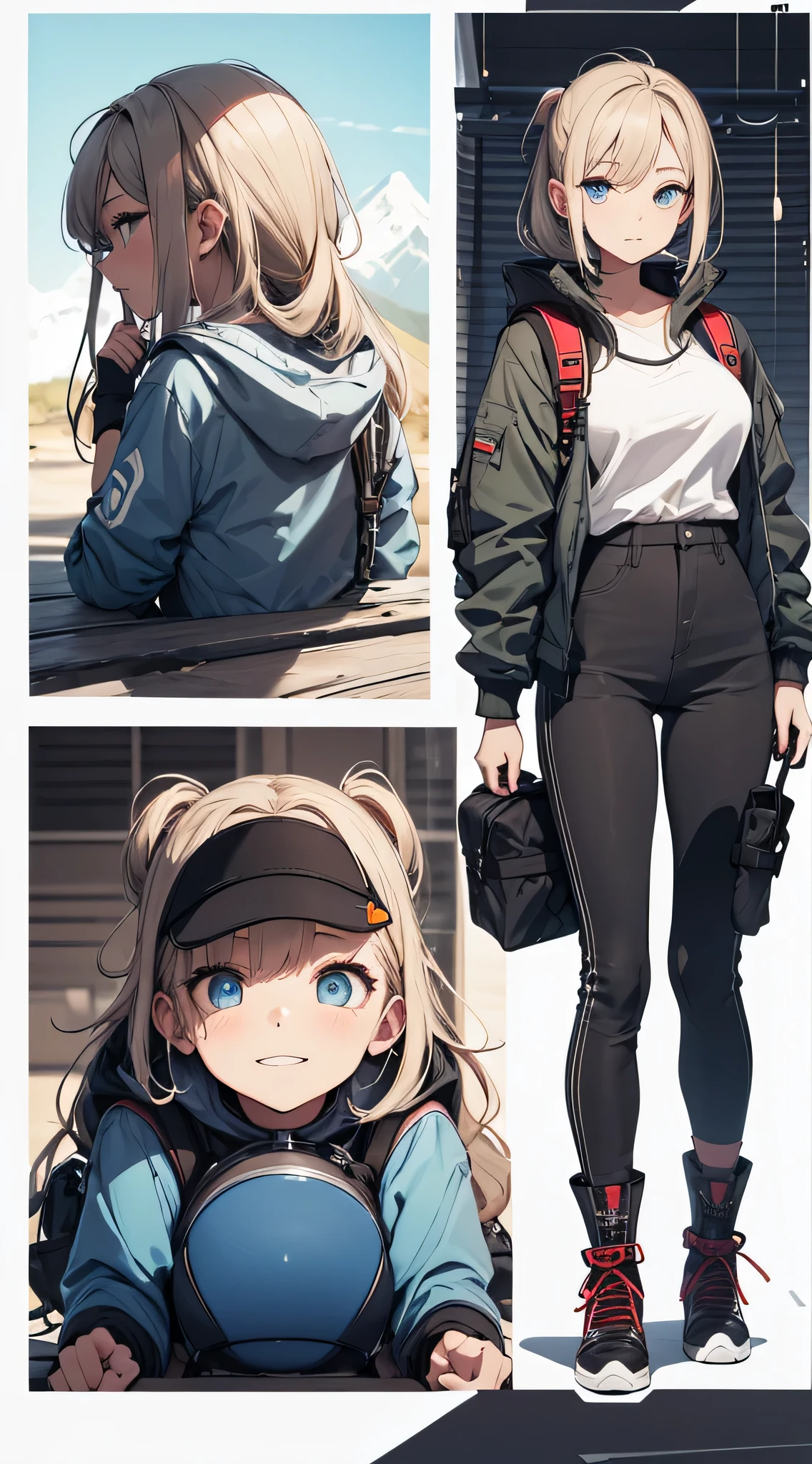 top-quality、Top image quality、​masterpiece、teens girl((18year old、 Ager、Best Bust、Medium bust,wide open breast tea、light blue eyerest, bionde、poneyTail、A slender,large volleyball rack jacket、black glove、white tank top military pants、rush light、Happy face、camping rucksack、blue military pants、Hu Sitting)),hiquality、Beautiful Art、Background with((Mountain road in the evening,CAMPING TENT))、masutepiece、depth of fields、movie、visualart、Perfect Art