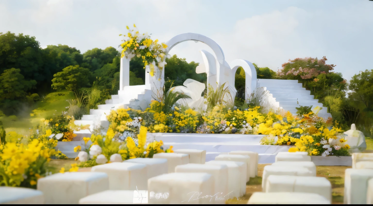 floral environment,Outdoor weddings,stools,yelloreen flower,the trees,stairways,Anime landscape concept art, 动漫arte de fundo, Magical environment, arte de fundo, landscape artwork, Fantasy magic vegetation, fantasy painting style, Whimsical fantasy landscape art, in bloom greenhouse, beautiful surroundings, dreamy and detailed, very detailed digital painting,