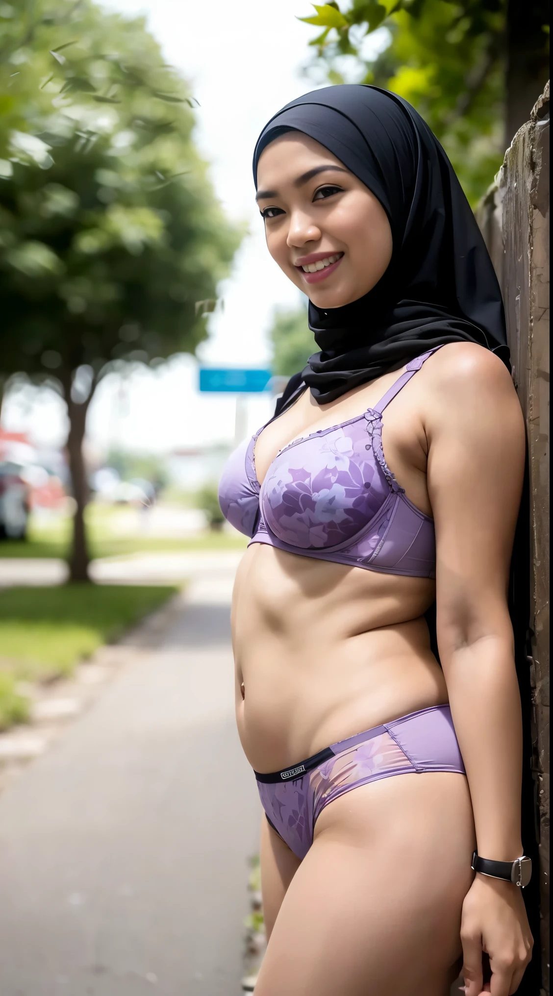 1 malay woman in hijab,(( light purple floral pattern bra and g string panties)),(large buttocks),Emphasize ass,Smaller chest, laughing smile, (hijab flying), de pele branca,big breasts thin waist, egypt style street, Hyper-Realism, Cinematic lighting, depth of fields, From below, vanishing point, F/2.8,  Anatomically correct, Textured skin, Super Detail, awardwinning, Best Quality, hight resolution, 8k,