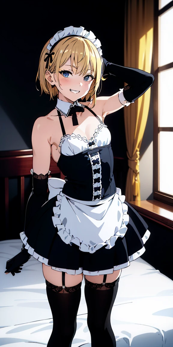 {{{{masterpiece}}}},nsfw, 1girl, solo, (maid bikini:1.3), maid headdress, tiny frilled apron, arched back, standing, BREAKnero claudius (fate), Small breasts,laughing with closed eyes