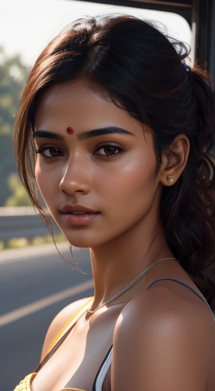young Indian girl, 18-year-old, red top, gentle lighting, intricate facial details, flawless complexion, top-notch 3D rendering, hyper-realistic, shot on Indian road. photorealistic digital art trending on Artstation 8k HD high definition detailed realistic, detailed, skin texture, hyper detailed, realistic skin texture, armature, best quality, ultra high res, (photorealistic:1.4),, high resolution, detailed, raw photo, 400 camera f1.6 lens rich colors hyper realistic lifelike texture dramatic lighting unrealengine trending on artstation cinestill 800