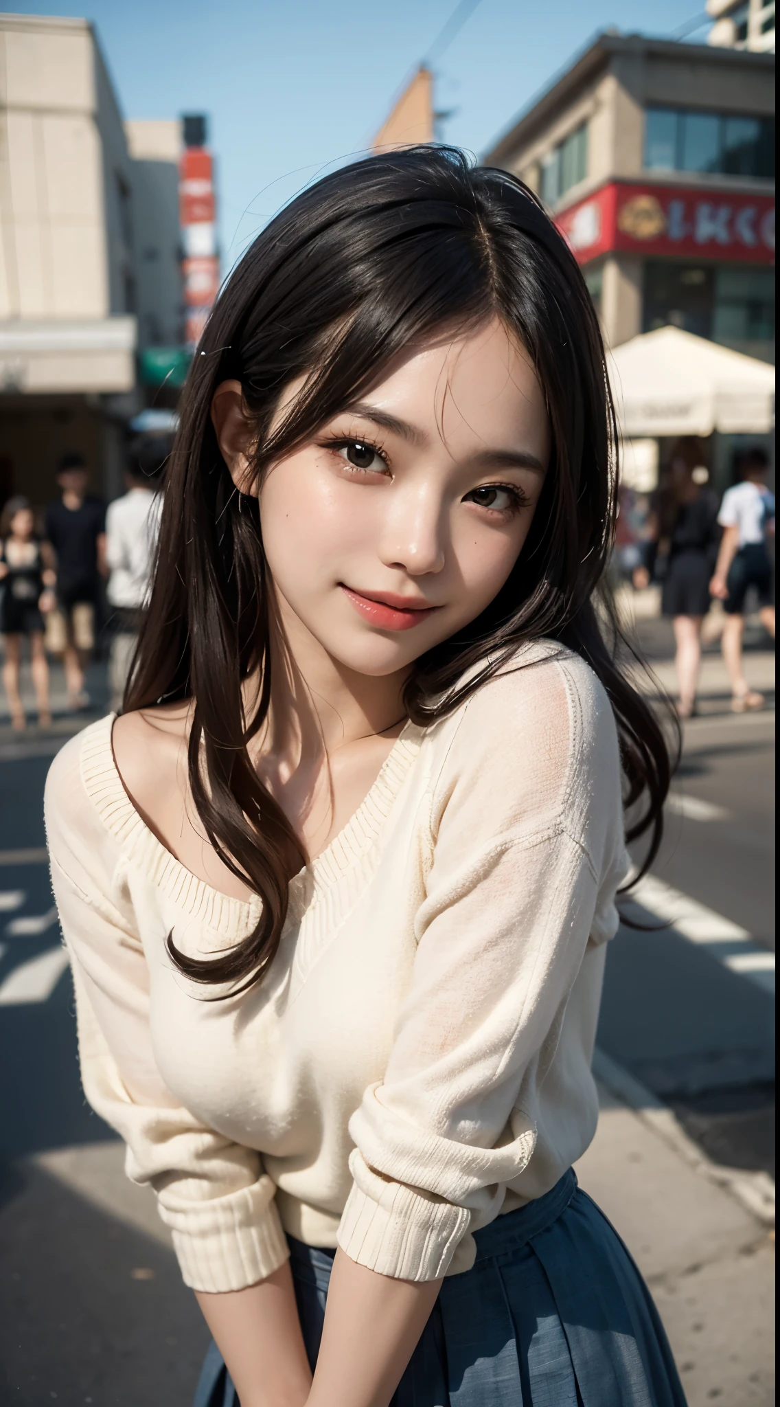 Best Quality, masutepiece, 超A high resolution, (Photorealistic:1.4), Raw photo, 1girl in, FULL BODYSHOT、Looks like a K-pop idol, Fluffy curly hair,A crowded street in early summer,Detailed eyes,(realisticeyes),delicated face,in realsK,detailed hairs,Detailed sK dein,Beautiful face,Smiling、beautiful hair decoration、a smile、Painful looK de、large summer sweater、Pleated mini-skirt、