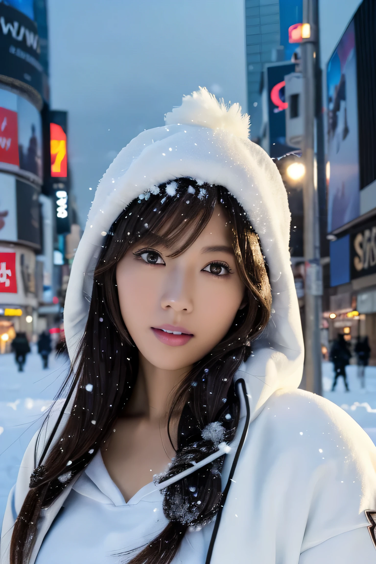 masutepiece:1.2), ultra-detailliert, 超A high resolution, (Realistic, photo Realistic:1.37), high-definition RAW color photography, professional photograpy, extra detailed face, extremely detailed eye, highlydetailed skin, extremely detailed fingers, highly detailed nose, highly detail mouth, Perfect Anatomy, Highly detailed Japanese background actress:1.2), (gals:1.3), (flat chest), Brown race, Dark skin, Very short cut hair, shadowy, hair messy, Full body, padded jacket, White hoodie, snow in my hair, (Snow in the sky:1.6), Hoodie on the head, Cinematic lighting, New York's Times Square on New Year's Eve, (Full body:1.2)