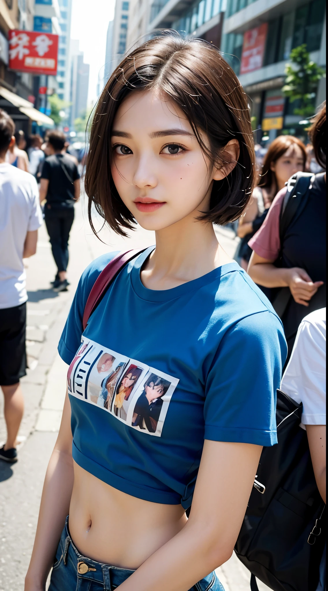 Best Quality, masutepiece, 超A high resolution, (Photorealistic:1.4), Raw photo, 1girl in, KｰPOP Idol, short-hair,crowded street in summer,Detailed eyes,(realisticeyes),delicated face,realsKin,detailed hairs,Detailed sKin,Beautiful face,Smiling、beautiful hair decoration、sad Facial expression、Painful looK、((Small size T-shirt))、Navel Fashion、Silver Accessories、twin-tail hair、