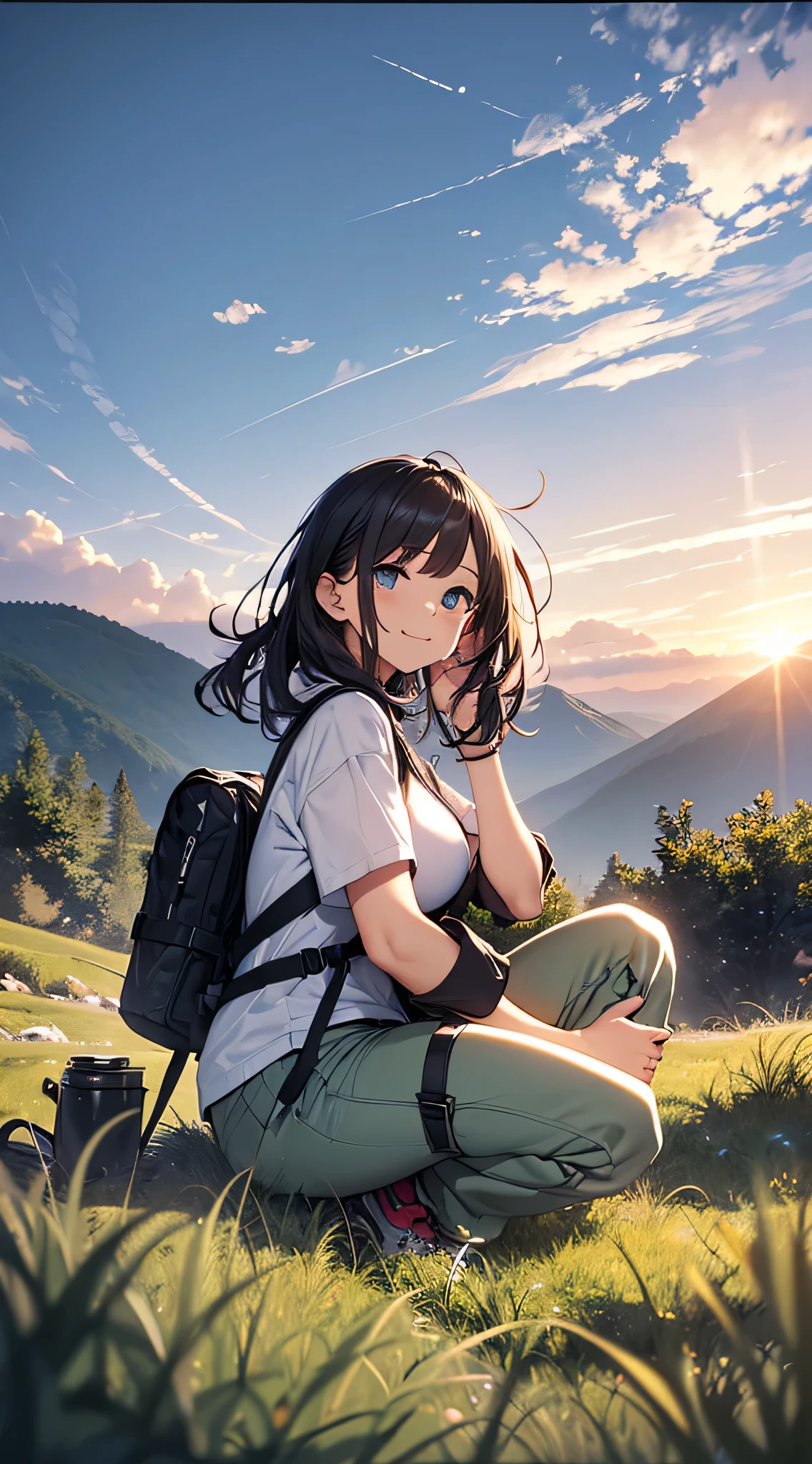 top-quality、Top image quality、masterpiece、teens girl((18year old、 Ager、Best Bust、Medium bust,wide open breast tea、light blue eyerest, bionde、poneyTail、A slender,large volleyball rack jacket、black glove、white tank top military pants、rush light、Happy face、camping rucksack、blue military pants、Hu Sitting)),hiquality、Beautiful Art、Background with((Mountain road in the evening,CAMPING TENT))、masutepiece、depth of fields、movie、visualart、Perfect Art