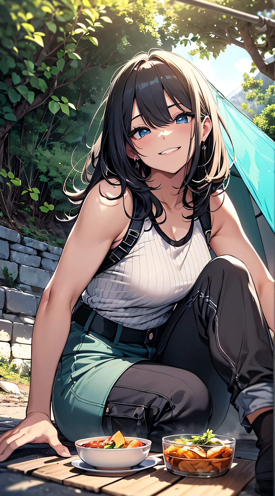 (masterpiece, best quality:1.2), <lyco:mobtalker_skeleton-07:1.0>, cowboy shot, solo, 1girl, mcskeleton, smile, looking at viewer, hands on own chest, twintails, hat, underboob, grey shorts, thighhighs, gloves, night, star \(sky\), forest