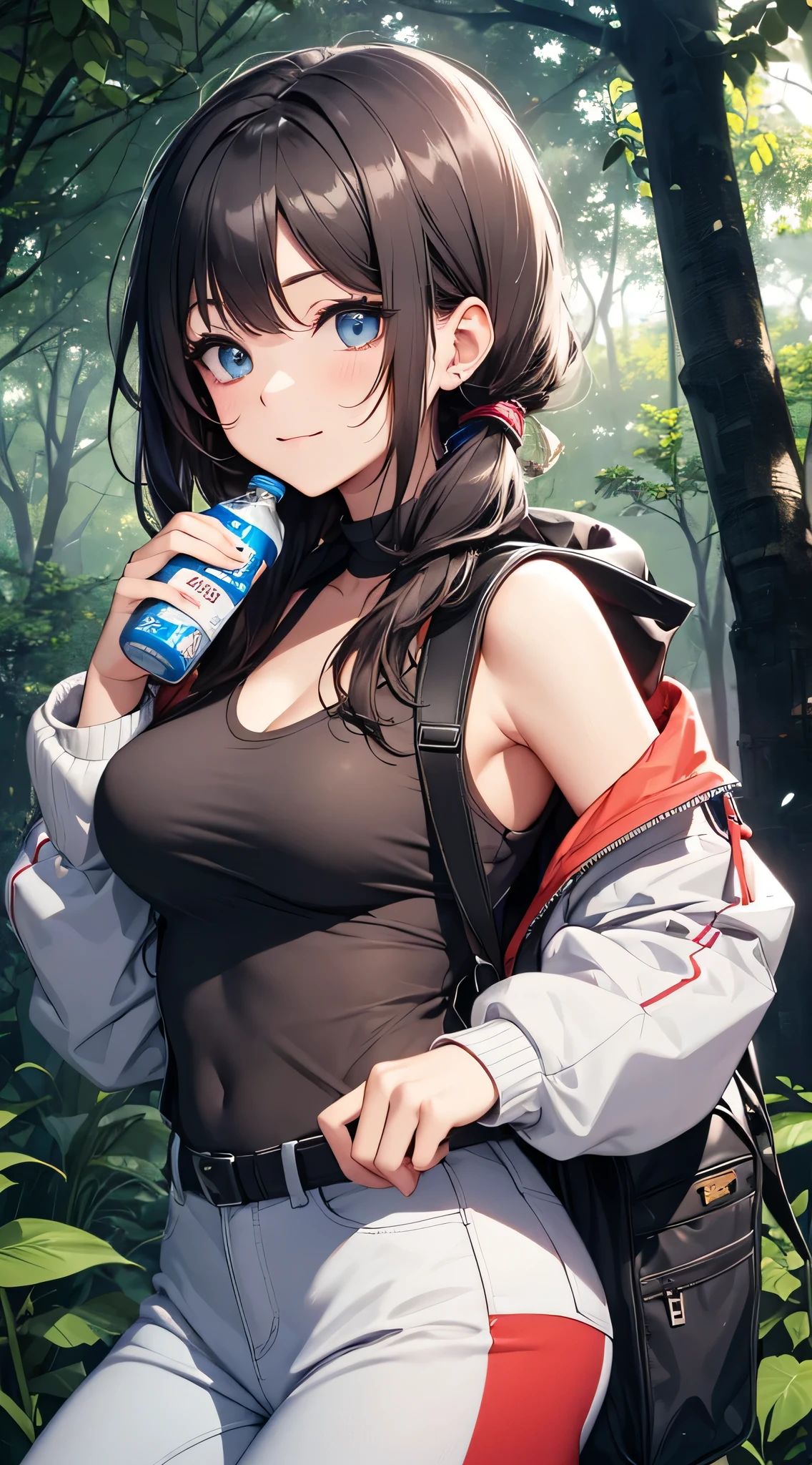 top-quality、Top image quality、masterpiece、teens girl((18year old、 Ager、Best Bust、Medium bust,wide open breast tea、light blue eyerest, bionde、poneyTail、A slender,large volleyball rack jacket、black glove、white tank top military pants、rush light、行走、Happy face、camping rucksack、Holding a plastic bottle、facing front)),hiquality、Beautiful Art、Background with((jpn、mont.夕暮れの富士mont、the woods))masutepiece、depth of fields、movie、visualart、Perfect Art