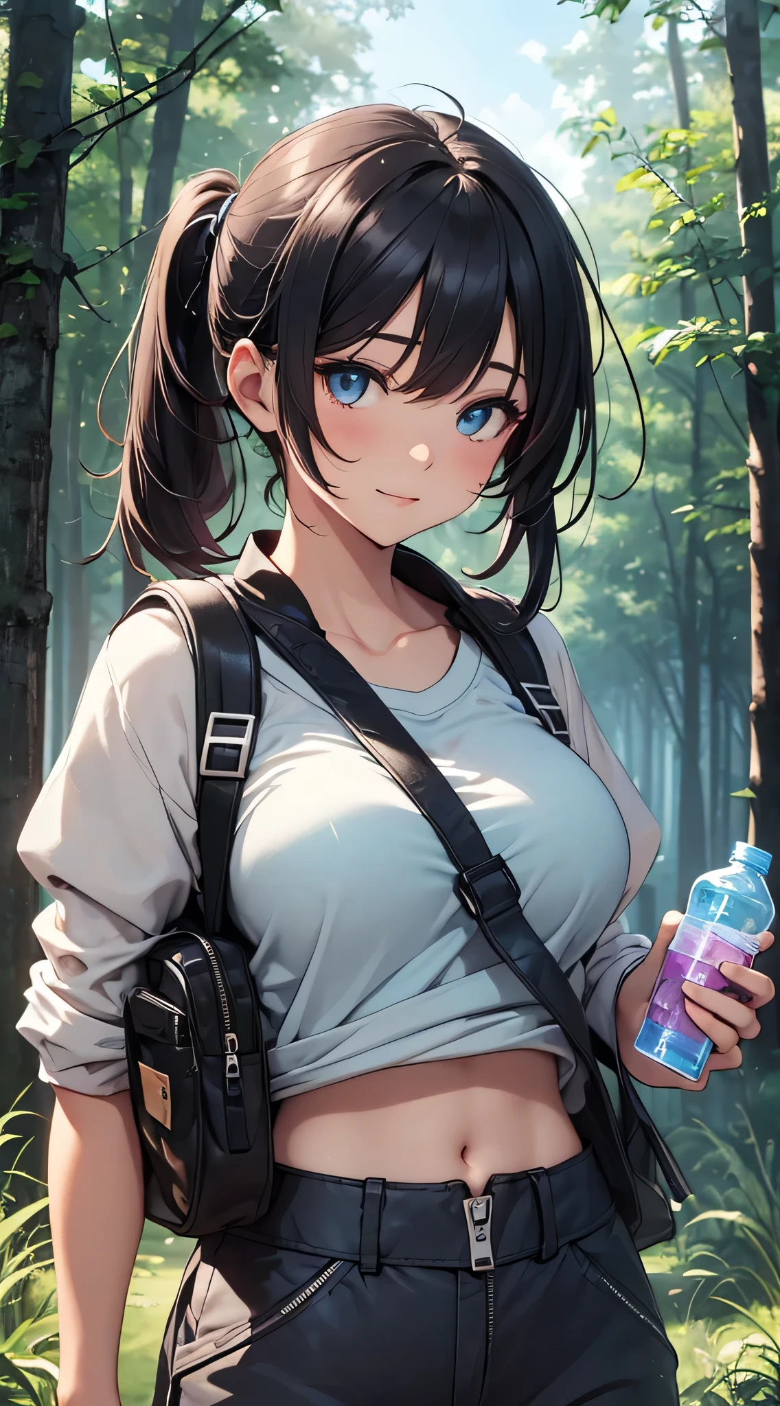 top-quality、Top image quality、masterpiece、s girl((18year old、 Ager、Best Bust、Medium bust,wide open breast tea、light blue eyerest, bionde、poneyTail、A slender,large volleyball rack jacket、black glove、white tank top military pants、rush light、行走、Happy face、camping rucksack、Holding a plastic bottle、facing front)),hiquality、Beautiful Art、Background with((jpn、mont.夕暮れの富士mont、the woods))masutepiece、depth of fields、movie、visualart、Perfect Art