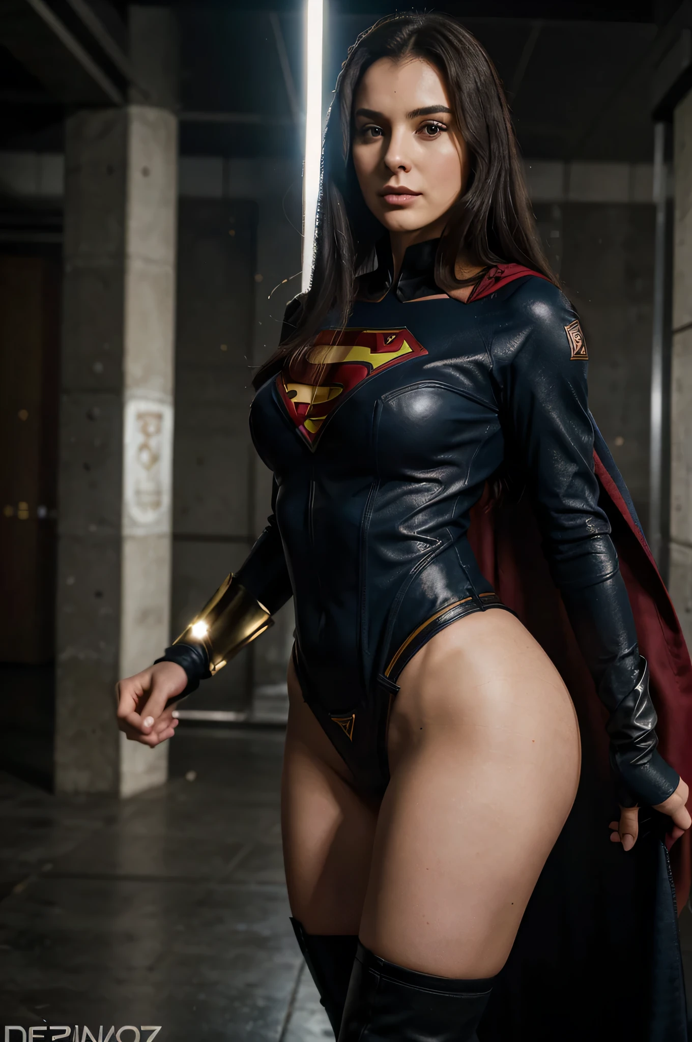 The fusion of Morticia and supergirl results in a heroine with striking supergirl traits. Your uniform is sexy and modern, em tons escuros e com o "s" em vermelho brilhante em seu peito. Ela possui Supergirl'Ela'é forza e determinação, combined with a touch of mystery and sensuality. His body is slender and athletic, reflecting his incredible physical ability. She radiates confidence and power, ready to face any challenge with grace and courage. This fusion is the embodiment of beauty, forza e bravura, ready to protect the world with your imposing presence. supergiel sexy,Dc,heroine,Super-heroine, poderosa, determinado, Kryptoniana, Justice, coragem, voar, forza, heroism, protection, Salvar o Mundo, leadership, vera, bondade, Inspirador,Erotica,Linda,poderosa,deusa Criptoniana,Classic clothes "s" com "s" super ,DC Quadrinhos, Cripto,moda kriptoniana, simbolo do superman,cidade em ruinas, destruction,amor,amante,noite,luz nitida,desejo,passion,Amoroso,companheira,libidinoso