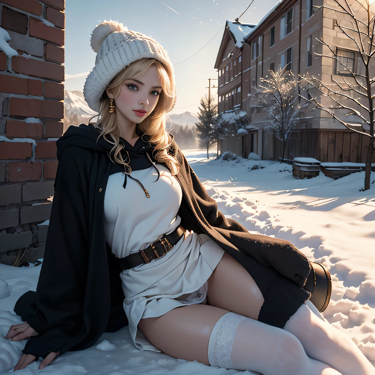 (Beautiful girl on a frozen lake covered with hoarfrost),1womanl、(Super beautiful)、(beauitful face:1.5)、(A detailed face:1.5)、(A detailed eye:1.1)、(Detailed lips:1.1)、(Detailed nose:1.1)、(Beautiful Russians)、(a blond)、(blue eyess)、((Doing figure skating))、(anatomically correct movements:1.1)、(Purple robe),、(White panties under the skirt:1.3)、(Bare legs:1.1)、(Dressing)、(starrysky、You can see the Milky Way)(she is soaking wet)、Sweating,(wearing the hood of a black gown)Best Quality, masutepiece, (Photorealistic:1.4), Detailed skin, Intricate details, 20 year old cute white girl, (a blond:1.5), Detailed background, bikini of, (Skin Texture) (Film grain:1.3), (warm hue, warm tone:1.2), Cinematic Light, 超A high resolution, Best Shadow, raw, (Hazy glow), (Disappearing afternoon sun), (vintage lenigone era), (Romance), (Mystique), (Antique Camera), (Dilapidated metal body), (Soft click on shutter), (golden hour light), (long shadows), (Weathered brick wall), (Alley decorated with graffiti), (Ethereal quality), (Calm pastel tones), (Distant memory), (Gentle haze), (Dreamy nostalgia), (Light leak), (Lens Flare), (Analog Days), (Unpredictable charm), (fake quality hoodie), (Hooded sweater dress), (leggins), (over knee BOOTS, Earmuffs, stall), (Knitted gloves), (wool stocking galette hat), (Mittens with flap), (Crossbody clutch), (Fur-rimmed hood), (thigh-high socks), (Thermal skirt), (Thermal One Sea), (Snow-covered mountainside), (Frosty evergreen), (Winter Festival), (Frozen Lake View), (Snow-covered village), (Winter Serenade), (Frosty River), (Snow road rose hideout), (Winter joy), (Lake Rosen reflected in the snowy mountain road), (Snowy Escape), (Winter Adventure), (Frosty pastures)