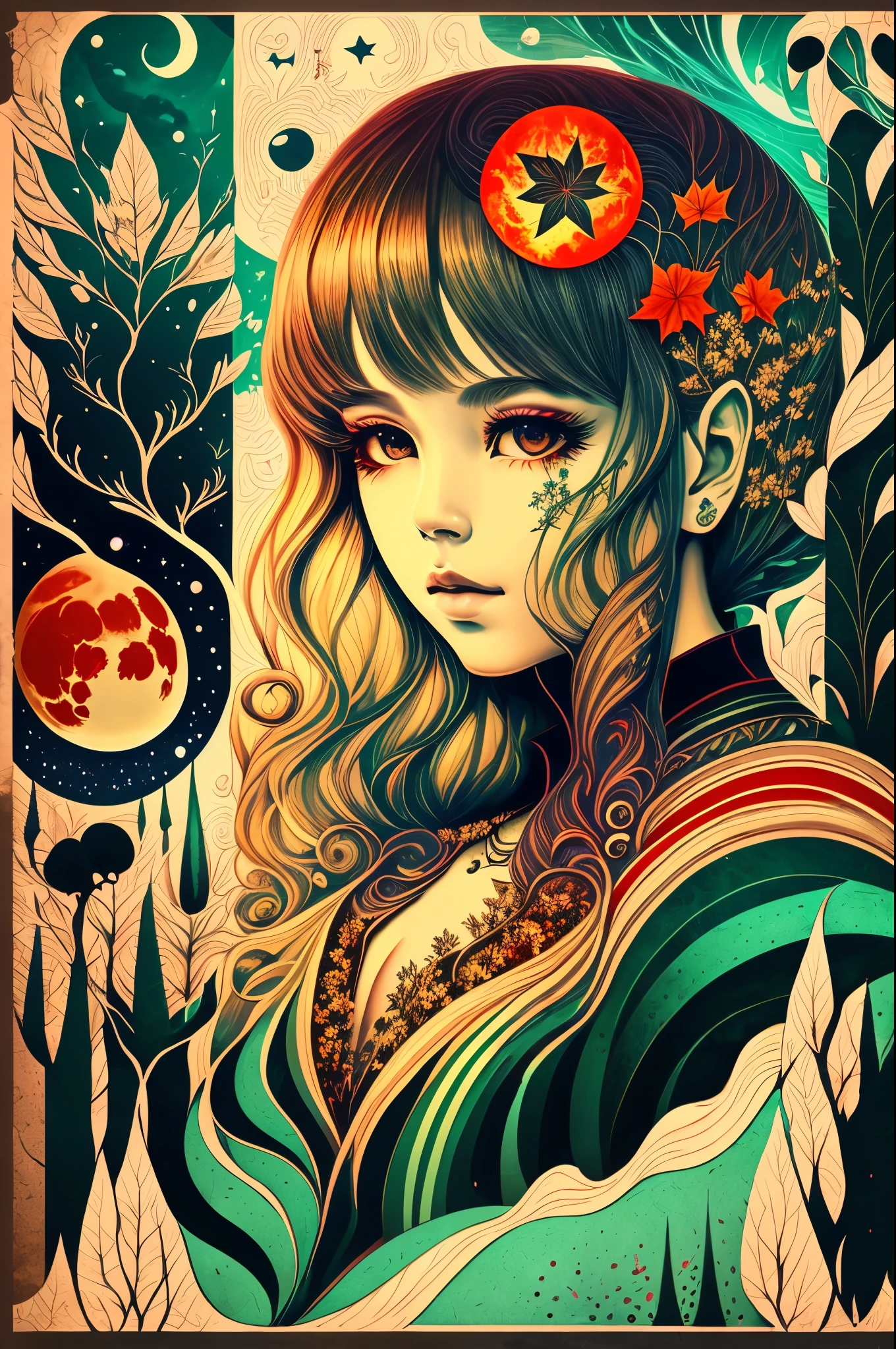 a stylish album cover with trees and red moon --auto --s2
