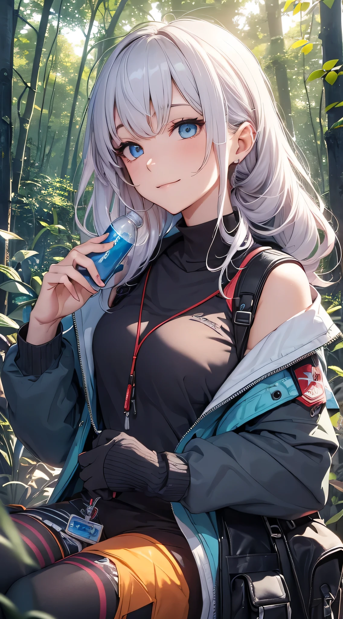 top-quality、Top image quality、masterpiece、s girl((18year old、 Ager、Best Bust、Medium bust,wide open breast tea、light blue eyerest, bionde、poneyTail、A slender,large volleyball rack jacket、black glove、white tank top military pants、rush light、行走、Happy face、camping rucksack、Holding a plastic bottle、Hu Sitting)),hiquality、Beautiful Art、Background with((jpn、mont.夕暮れのmont、the woods))masutepiece、depth of fields、movie、visualart、Perfect Art