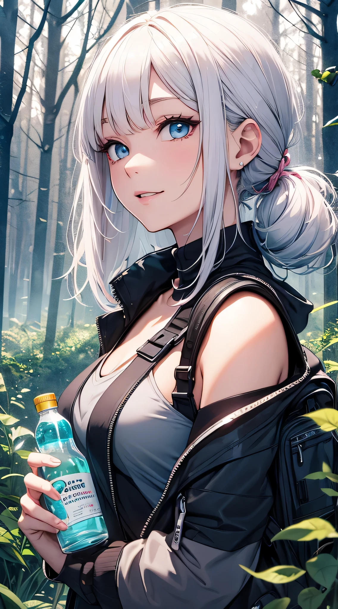top-quality、Top image quality、masterpiece、s girl((18year old、 Ager、Best Bust、Medium bust,wide open breast tea、light blue eyerest, bionde、poneyTail、A slender,large volleyball rack jacket、black glove、white tank top military pants、rush light、行走、Happy face、camping rucksack、Holding a plastic bottle、Hu Sitting)),hiquality、Beautiful Art、Background with((jpn、mont.夕暮れのmont、the woods))masutepiece、depth of fields、movie、visualart、Perfect Art