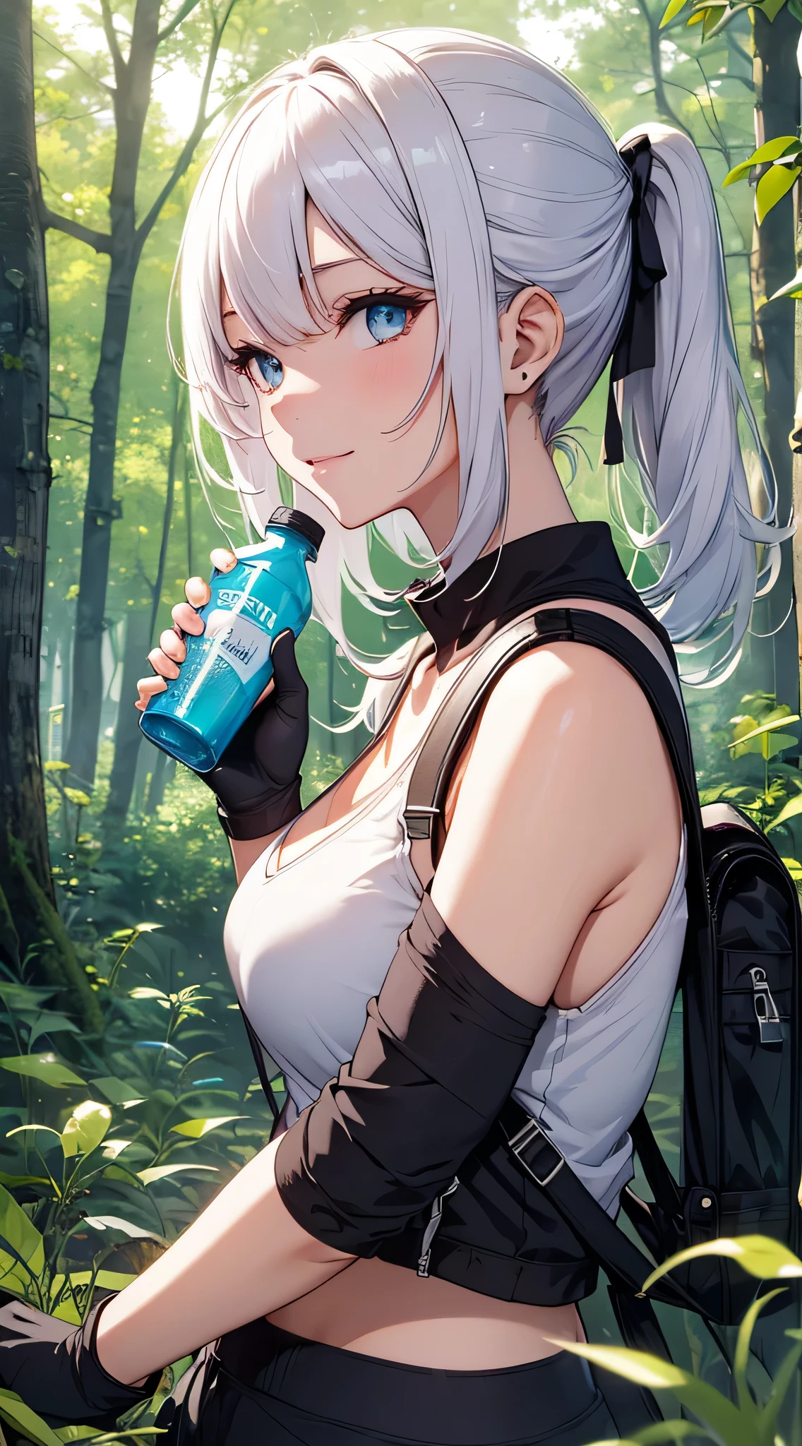 top-quality、Top image quality、masterpiece、s girl((18year old、 Ager、Best Bust、Medium bust,wide open breast tea、light blue eyerest, bionde、poneyTail、A slender,large volleyball rack jacket、black glove、white tank top military pants、rush light、行走、Happy face、camping rucksack、Holding a plastic bottle、Hu Sitting)),hiquality、Beautiful Art、Background with((jpn、mont.夕暮れのmont、the woods))masutepiece、depth of fields、movie、visualart、Perfect Art