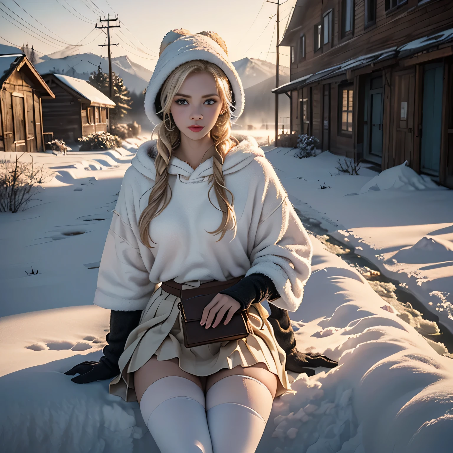 (Beautiful girl on a frozen lake covered with hoarfrost),1womanl、(Super beautiful)、(beauitful face:1.5)、(A detailed face:1.5)、(A detailed eye:1.1)、(Detailed lips:1.1)、(Detailed nose:1.1)、(Beautiful Russians)、(a blond)、(blue eyess)、（(Doing figure skating）)、(anatomically correct movements:1.1)、(Purple robe),、(White panties under the skirt:1.3)、(Bare legs:1.1)、(Dressing)、(starrysky、You can see the Milky Way)(she is soaking wet)、Sweating,(wearing the hood of a black gown)Best Quality, masutepiece, (Photorealistic:1.4), Detailed skin, Intricate details, 20 year old cute white girl, (a blond:1.5), Detailed background, bikini of, (Skin Texture) (Film grain:1.3), (warm hue, warm tone:1.2), Cinematic Light, 超A high resolution, Best Shadow, raw, (Hazy glow), (Disappearing afternoon sun), (vintage lenigone era), (Romance), (Mystique), (Antique Camera), (Dilapidated metal body), (Soft click on shutter), (golden hour light), (long shadows), (Weathered brick wall), (Alley decorated with graffiti), (Ethereal quality), (Calm pastel tones), (Distant memory), (Gentle haze), (Dreamy nostalgia), (Light leak), (Lens Flare), (Analog Days), (Unpredictable charm), (fake quality hoodie), (Hooded sweater dress), (leggins), (over knee BOOTS, Earmuffs, stall), (Knitted gloves), (wool stocking galette hat), (Mittens with flap), (Crossbody clutch), (Fur-rimmed hood), (thigh-high socks), (Thermal skirt), (Thermal One Sea), (Snow-covered mountainside), (Frosty evergreen), (Winter Festival), (Frozen Lake View), (Snow-covered village), (Winter Serenade), (Frosty River), (Snow road rose hideout), (Winter joy), (Lake Rosen reflected in the snowy mountain road), (Snowy Escape), (Winter Adventure), (Frosty pastures)