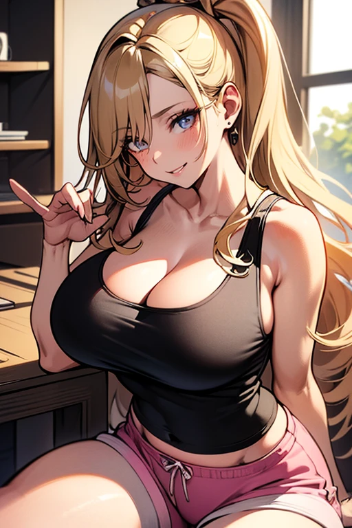 (masterpiece), best quality, Detailed, Ultra-Detailed, Digital Art, Detailed Face, (Hyper-Detailed Eyes:1.2), (Absurdres:1.3), (Realism:1.2), (Realisitc:1.2), expressive eyes, perfect face, massive breasts, very curvy, long smooth silky blond hair, light brown eyes, gyaru, full lips, seductive, smiling, at home, (tank top: 1.3), (hotpants: 1.3), revealing clothes, cleavage, at home, massive breasts, wide hips, sweating, 1 female, sitting down, sexy, sexy pose, facing the viewer, {{kuutsundere: 1.4}}