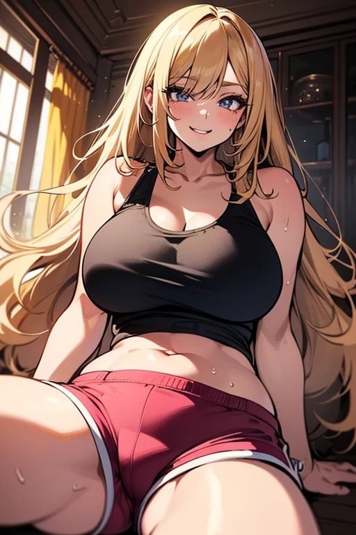 (masterpiece), best quality, Detailed, Ultra-Detailed, Digital Art, Detailed Face, (Hyper-Detailed Eyes:1.2), (Absurdres:1.3), (Realism:1.2), (Realisitc:1.2), expressive eyes, perfect face, massive breasts, very curvy, long smooth silky blond hair, light brown eyes, gyaru, full lips, seductive, smiling, at home, (tank top: 1.3), (hotpants: 1.3), revealing clothes, cleavage, at home, massive breasts, wide hips, sweating, 1 female, sitting down, sexy, sexy pose, facing the viewer, {{kuutsundere: 1.4}}