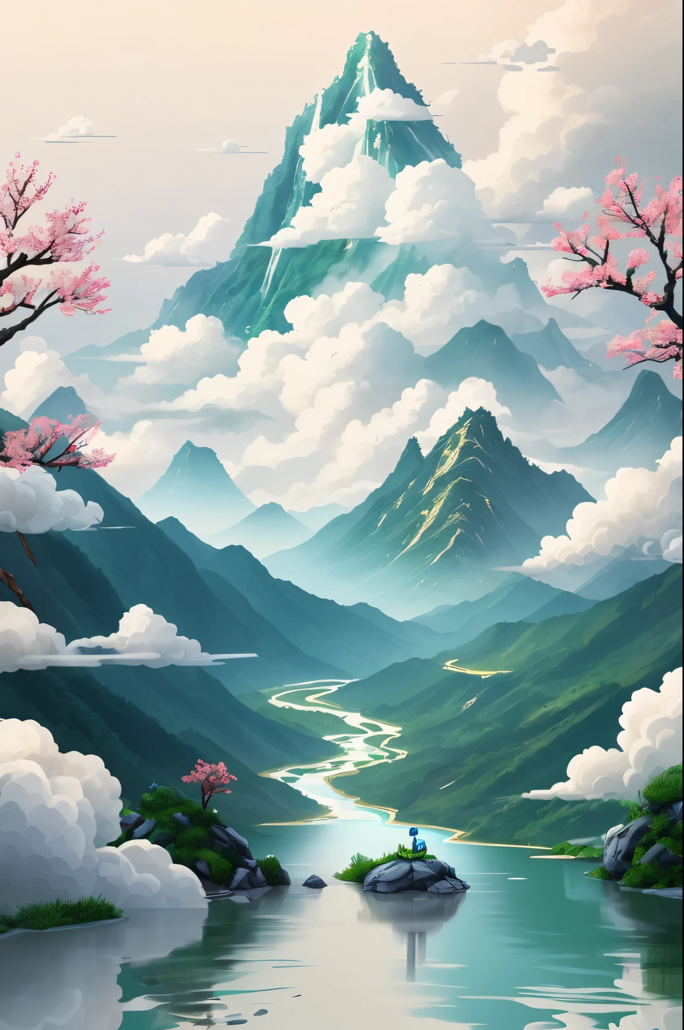 Chinese illustration on white background,outlet,mountain water,Auspicious clouds,Super refined,blue green,Illustration style,3D