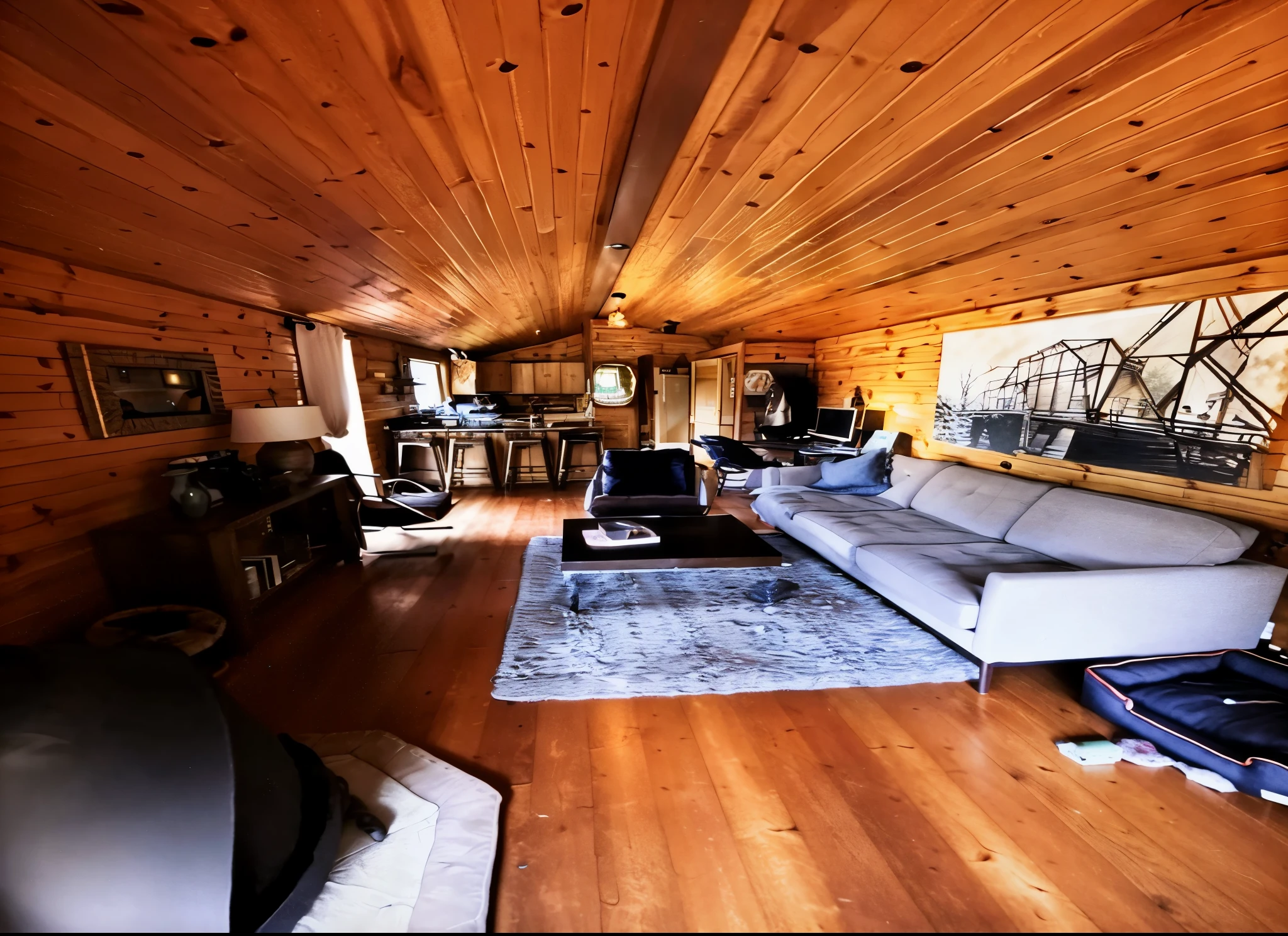 there is a living room with a couch and a table, wide shot of a cabin interior, inside of a cabin, in a cabin, cabin, shot with a canon 20mm lens, indoor shot, log cabin, interior of a small, wide long shot, wide long view, cozy setting, cozy environment, living room, taken on iphone 14 pro