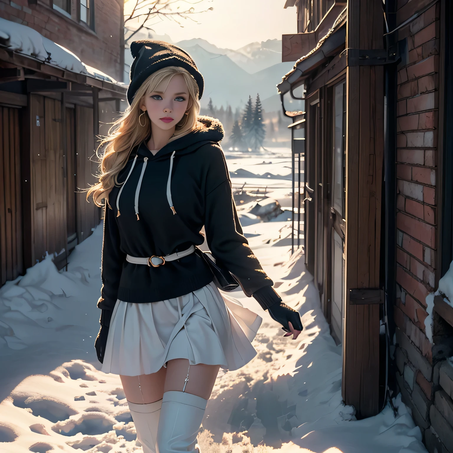 (Beautiful girl on a frozen lake covered with hoarfrost),1womanl、(Super beautiful)、(beauitful face:1.5)、(A detailed face:1.5)、(A detailed eye:1.1)、(Detailed lips:1.1)、(Detailed nose:1.1)、(Beautiful Russians)、(a blond)、(blue eyess)、((Doing figure skating))、(anatomically correct movements:1.1)、(Purple robe),、(White panties under the skirt:1.3)、(Bare legs:1.1)、(Dressing)、(starrysky、You can see the Milky Way)(she is soaking wet)、Sweating,(wearing the hood of a black gown)Best Quality, masutepiece, (Photorealistic:1.4), Detailed skin, Intricate details, 20 year old cute white girl, (a blond:1.5), Detailed background, bikini of, (Skin Texture) (Film grain:1.3), (warm hue, warm tone:1.2), Cinematic Light, 超A high resolution, Best Shadow, raw, (Hazy glow), (Disappearing afternoon sun), (vintage lenigone era), (Romance), (Mystique), (Antique Camera), (Dilapidated metal body), (Soft click on shutter), (golden hour light), (long shadows), (Weathered brick wall), (Alley decorated with graffiti), (Ethereal quality), (Calm pastel tones), (Distant memory), (Gentle haze), (Dreamy nostalgia), (Light leak), (Lens Flare), (Analog Days), (Unpredictable charm), (fake quality hoodie), (Hooded sweater dress), (leggins), (over knee BOOTS, Earmuffs, stall), (Knitted gloves), (wool stocking galette hat), (Mittens with flap), (Crossbody clutch), (Fur-rimmed hood), (thigh-high socks), (Thermal skirt), (Thermal One Sea), (Snow-covered mountainside), (Frosty evergreen), (Winter Festival), (Frozen Lake View), (Snow-covered village), (Winter Serenade), (Frosty River), (Snow road rose hideout), (Winter joy), (Lake Rosen reflected in the snowy mountain road), (Snowy Escape), (Winter Adventure), (Frosty pastures)