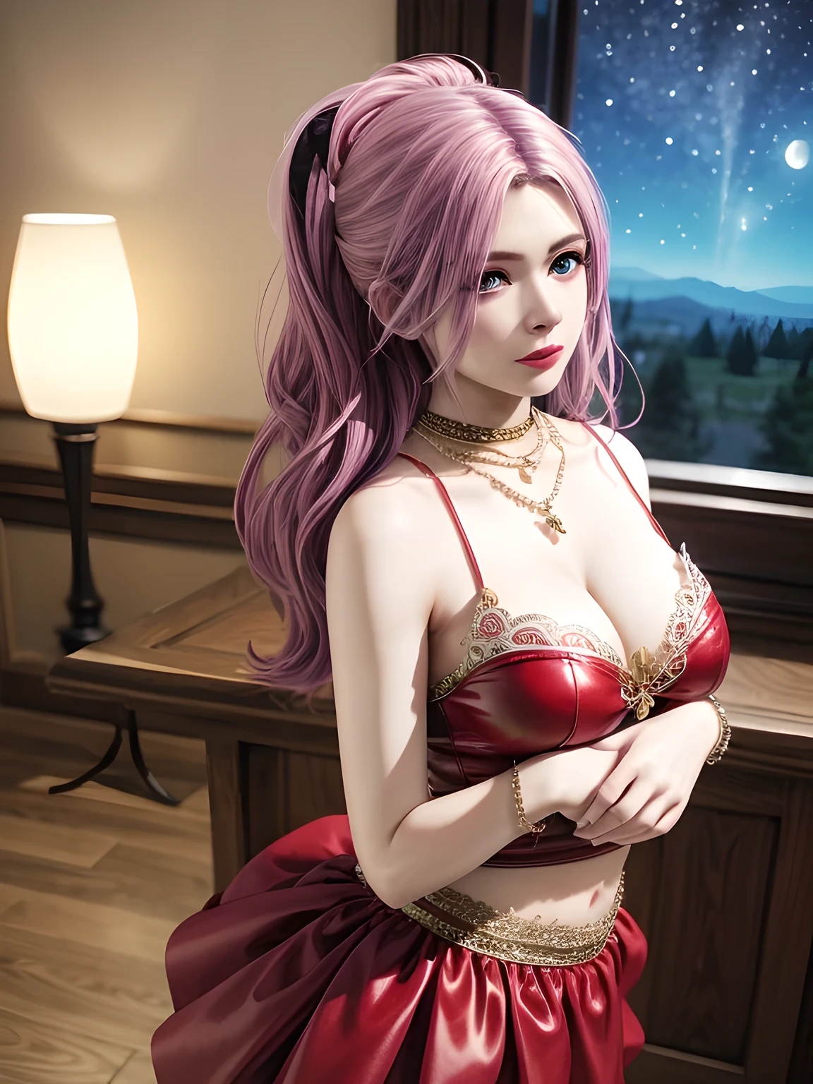 bird's eyes view,1 girl,Vampires, Elise,(Wear red and blue color style; floral lace layered skirt),jewely,Tattooed with,Redlip,(Glossy glossy skin:1.4),鎖骨,gigantic cleavage breasts,during night, full_themoon, As estrelas,(tmasterpiece:1.5), (Best quality at best:1.35),(Realistis:1.4), detailed,8K,computer graphics image processing,detailed头发,,Expressive eyes, s the perfect face, real fingers,depth of fields,Similar colors,a warm color palette,softlighting,low-contrast,hard shadows,full body,