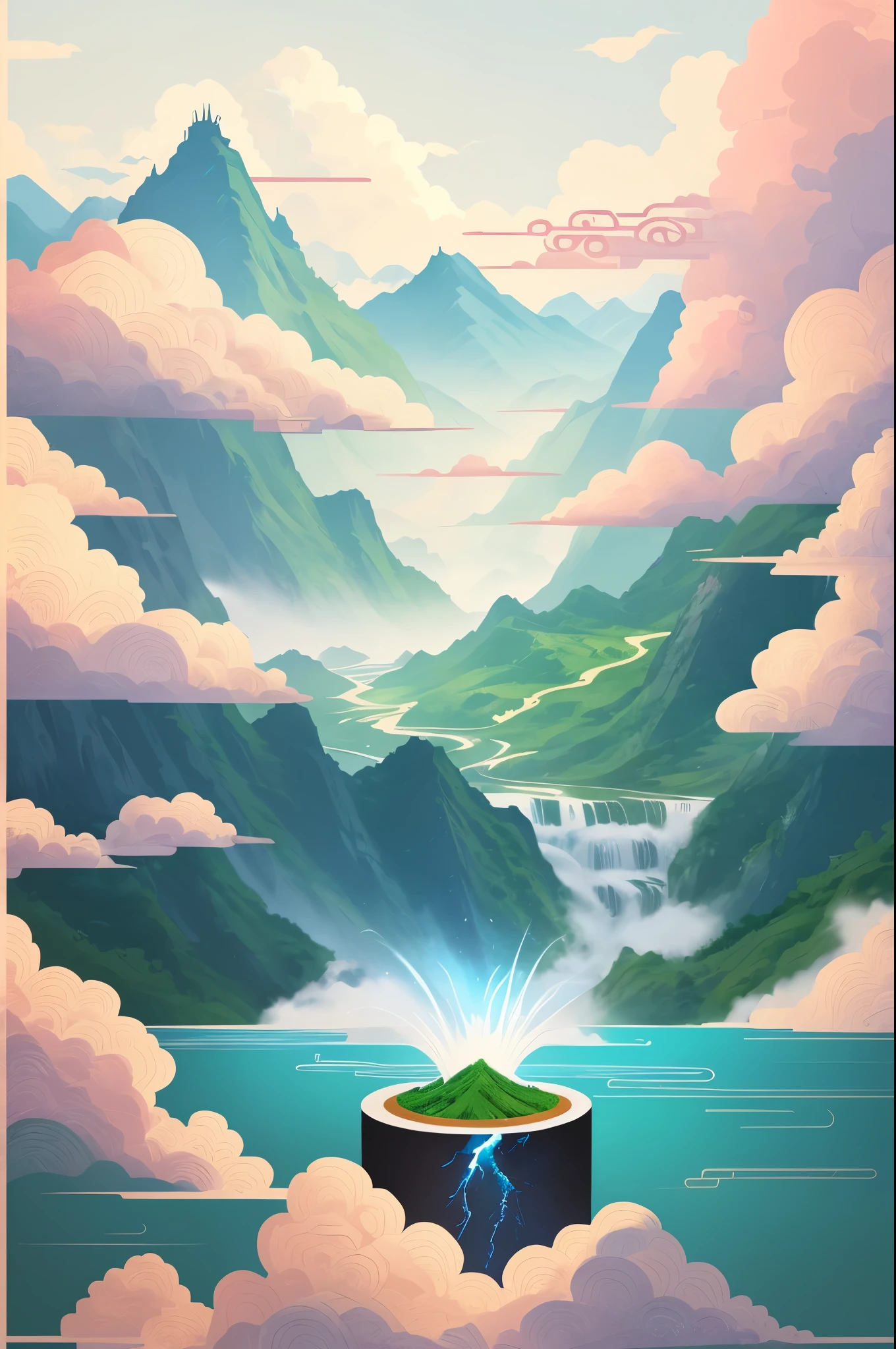 Chinese illustration on white background，outlet，mountain water，Auspicious clouds，Super refined，blue green，Illustration style，3D