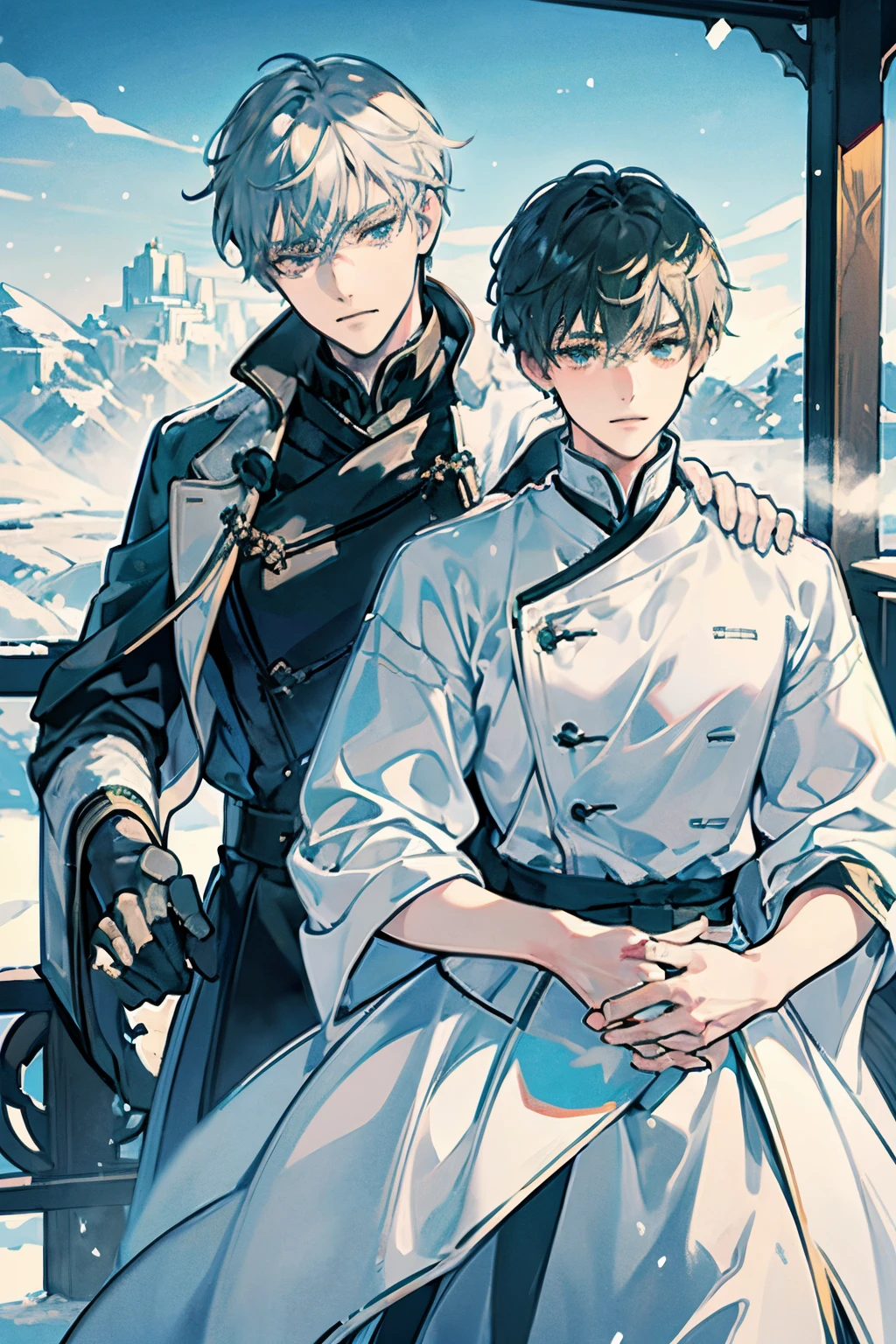 Unparalleled beauty,face perfect、Perfect Eye、green eyes Makoto Shinkai、Blonde and silver-haired、steam、steam、White breath、closing eye、Winter Outfit、snowscape、Landscape like an ink painting、 (2man),ゲイのmale people関係, male people,、stare at each other、Smiling,snow blowing