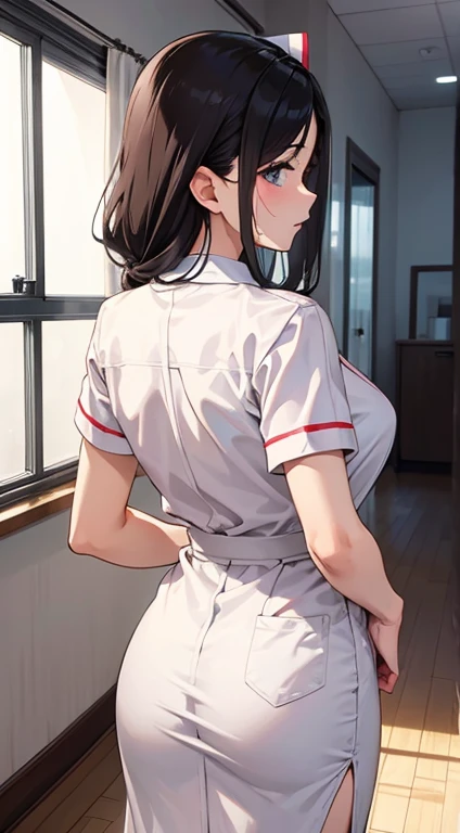 Nurse in the nurse&#39;s office,Wearing a white coat,Bra visible from underarm,Looking straight ahead,Small breasts,Anatomically correct,Japanese,Glasses,slouch,Long Hair