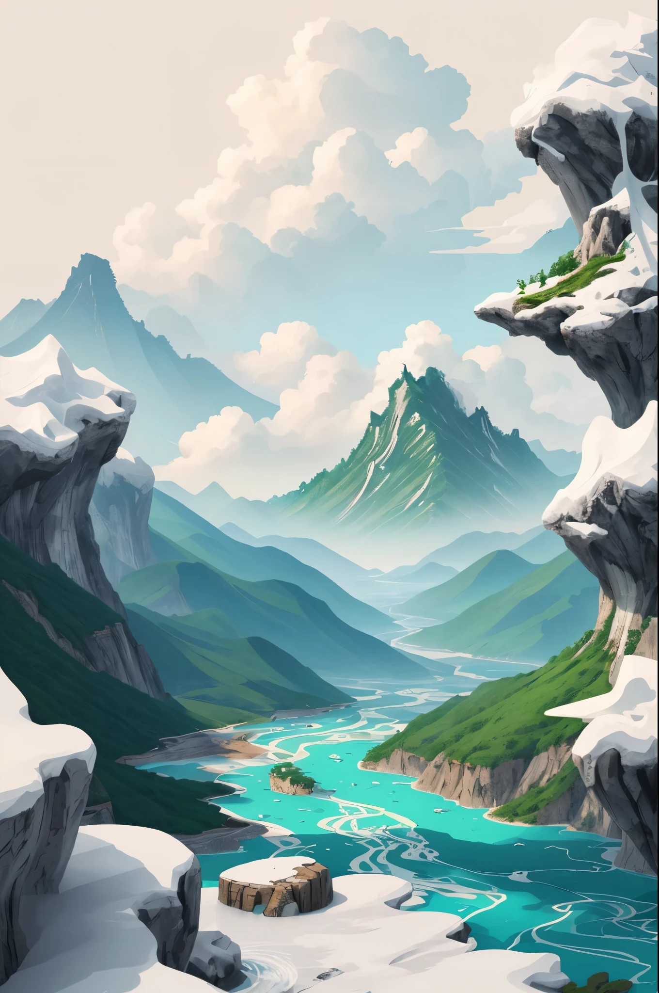 Chinese illustration on white background,outlet,mountain water,Auspicious clouds,Super refined,blue green,Illustration style,3D