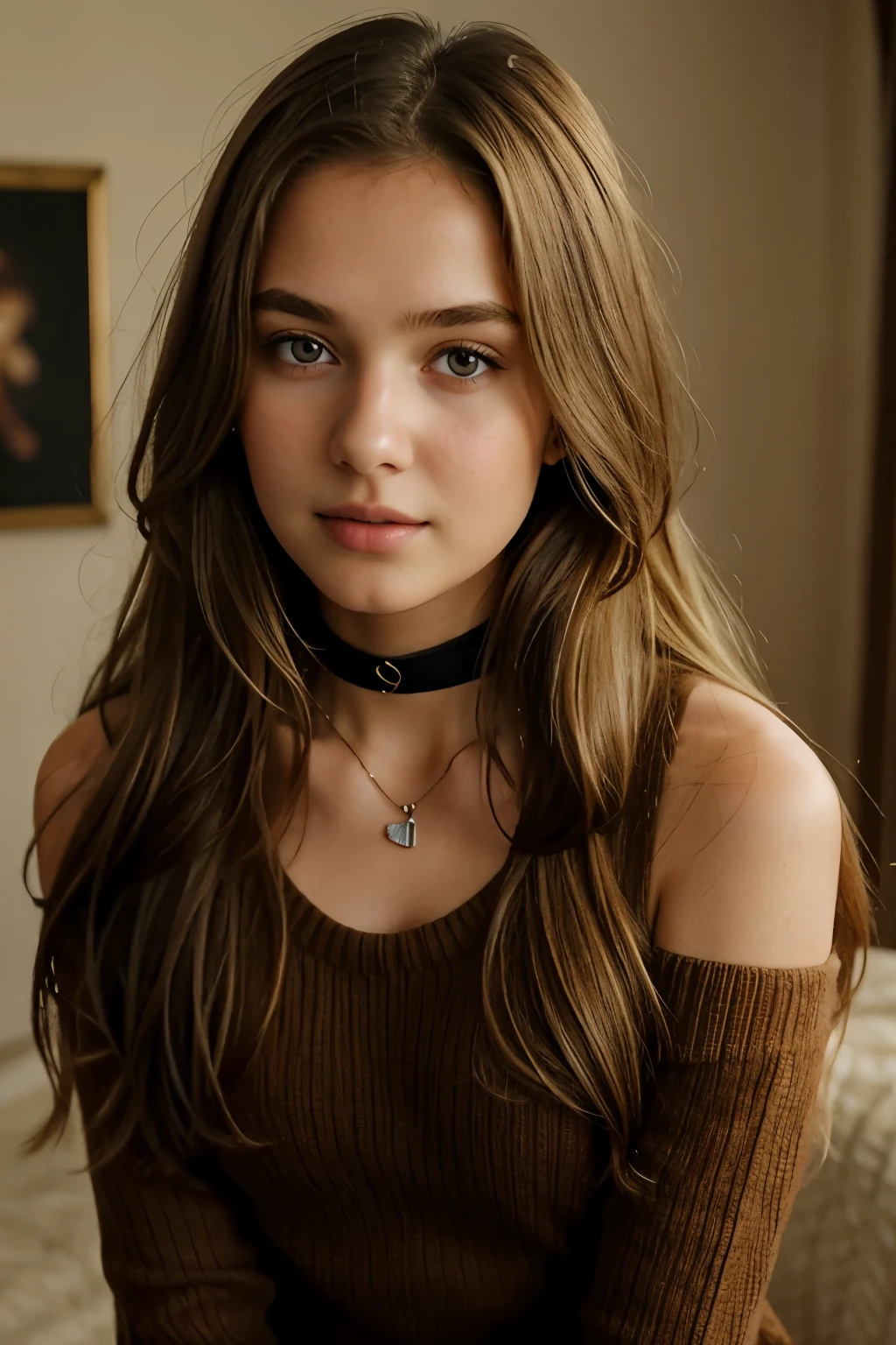  girl, Alone, Long brown hair, , view the viewer, Blonde hair, shoulder, Brown eyes, jewely, Full body lesbian, choker necklace, cropped shoulders, Sweaters, Open lips, actual, nase, flirting with the camera