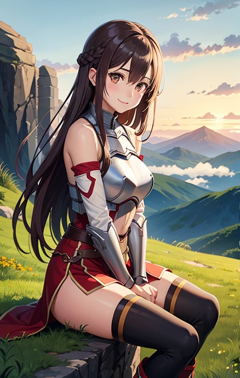 1girl, armor, asuna_\(sao\), bangs, bare_shoulders, blue_sky, blush, boots, braid, breastplate, breasts, brown_eyes, closed_mouth, cloud, cloudy_sky, day, detached_sleeves, grass, hair_between_eyes, long_hair, looking_at_viewer, mountain, outdoors, rock, sitting, skirt, sky, smile, solo, thighhighs, very_long_hair