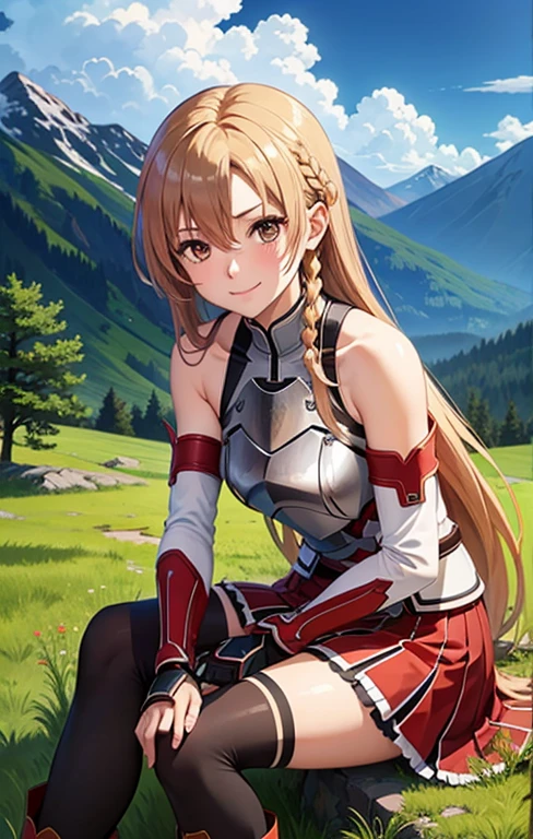 1girl, armor, asuna_\(sao\), bangs, bare_shoulders, blue_sky, blush, boots, braid, breastplate, breasts, brown_eyes, closed_mouth, cloud, cloudy_sky, day, detached_sleeves, grass, hair_between_eyes, long_hair, looking_at_viewer, mountain, outdoors, rock, sitting, skirt, sky, smile, solo, thighhighs, very_long_hair