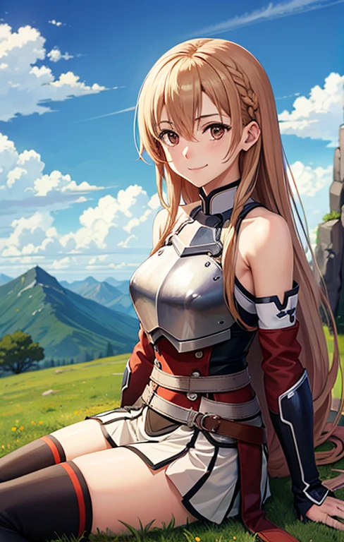 1girl, armor, asuna_\(sao\), bangs, bare_shoulders, blue_sky, blush, boots, braid, breastplate, breasts, brown_eyes, closed_mouth, cloud, cloudy_sky, day, detached_sleeves, grass, hair_between_eyes, long_hair, looking_at_viewer, mountain, outdoors, rock, sitting, skirt, sky, smile, solo, thighhighs, very_long_hair