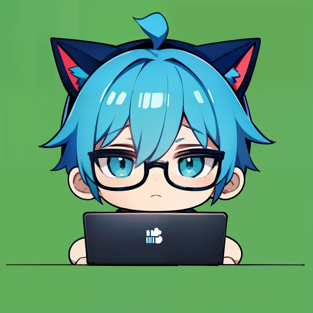 boy with blue hair and glasses and a cat earoy with blue hair and glasses and a cat ears , chibi , Denim Long Skirt hutao, laptop, I am using a computer, In front of a computer, green screen background ,Sitting in front of a computer, green screen background,I am talking, background green screen , I am talking,
wearing glasses, green screen background