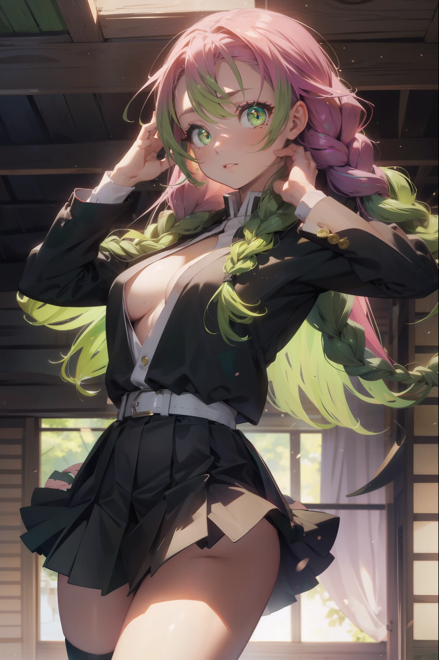 mitsurikanroji, mitsuri kanroji, braid, gradient hair, (green eyes:1.5), green hair, long hair, mole, mole under eye, multicolored hair, pink hair, twin braids, two-tone hair,
BREAK belt, black skirt, cleavage, coat, demon slayer uniform, haori, japanese clothes, long sleeves, miniskirt, partially unbuttoned, pleated skirt, skirt, uniform,
BREAK looking at viewer,
BREAK indoors,
BREAK (masterpiece:1.2), best quality, high resolution, unity 8k wallpaper, (illustration:0.8), (beautiful detailed eyes:1.6), extremely detailed face, perfect lighting, extremely detailed CG, (perfect hands, perfect anatomy),