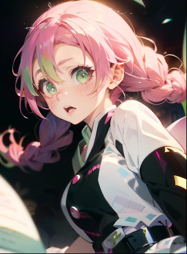 A cartoon girl with pink hair and green eyes with a pink braid, Official Art, Demon Slayer, Kimetsu no Yaiba, Mitsuri Fanart, Mitsuri Kanroji, Official Character Art, Official Art, nsfw, 8k, high quality, masterpiece