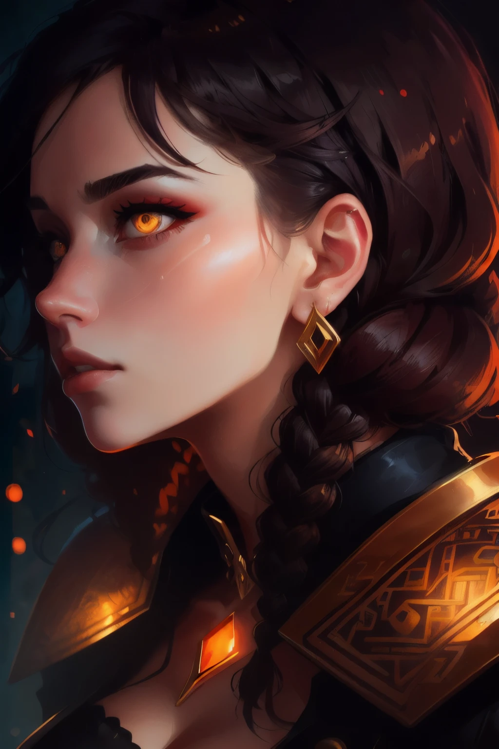 painterly digital painting, A soldier clad in a striking gothic outfit, adorned with intricate gold embroidery and ornate trims. The portrait shot captures their detailed face, highlighted by the warm, golden neon light that casts a dramatic glow upon their features. The soldier's eyes, painted with a smoky kohl, gaze intently into the distance, conveying a sense of mystery and power. Their lips, tinged with a deep crimson hue, are set in a determined line, revealing their steely resolve. The soldier's hair, styled into tight braids, cascades down their back, accentuating the strong angles of their face and the defined muscles of their shoulders. The background is dark and eerie, with a glimpse of a decaying cityscape visible through the golden haze, adding to the overall atmosphere of conflict and despair. The golden neon sign, shaped like a sword piercing a heart, hovers above them, seemingly echoing their tortured inner turmoil and the burden they bear as both a protector and a destroyer., digital painting by Ilya Kuvshinov with painterly brush strokes, by Ilya Kuvshinov, painterly masterpiece