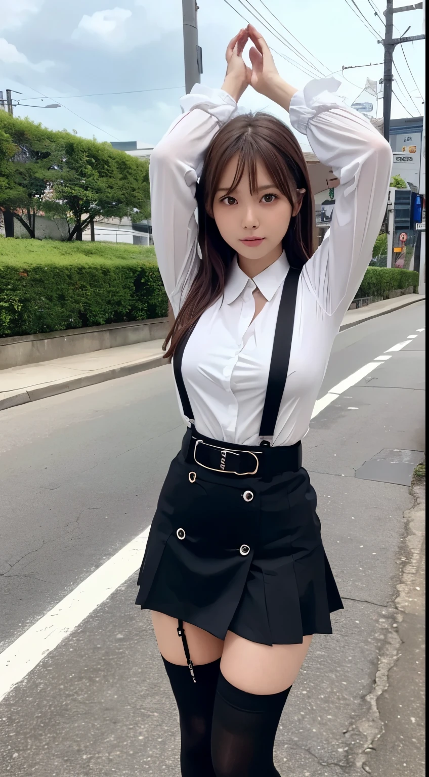 Brown hair、watching at viewers　　suspenders　　　big breasts　　 　 　　　　Black miniskirt　garterbelts　knee high socks　　　　　　Gaze　　　Small face　bangss 　　　　　Beautuful Women　　hands up　　 　Gaze 　Black boots 　　　Armpit sweat　soio 　　Fold your hands behind your back　Belt Shirt　teats